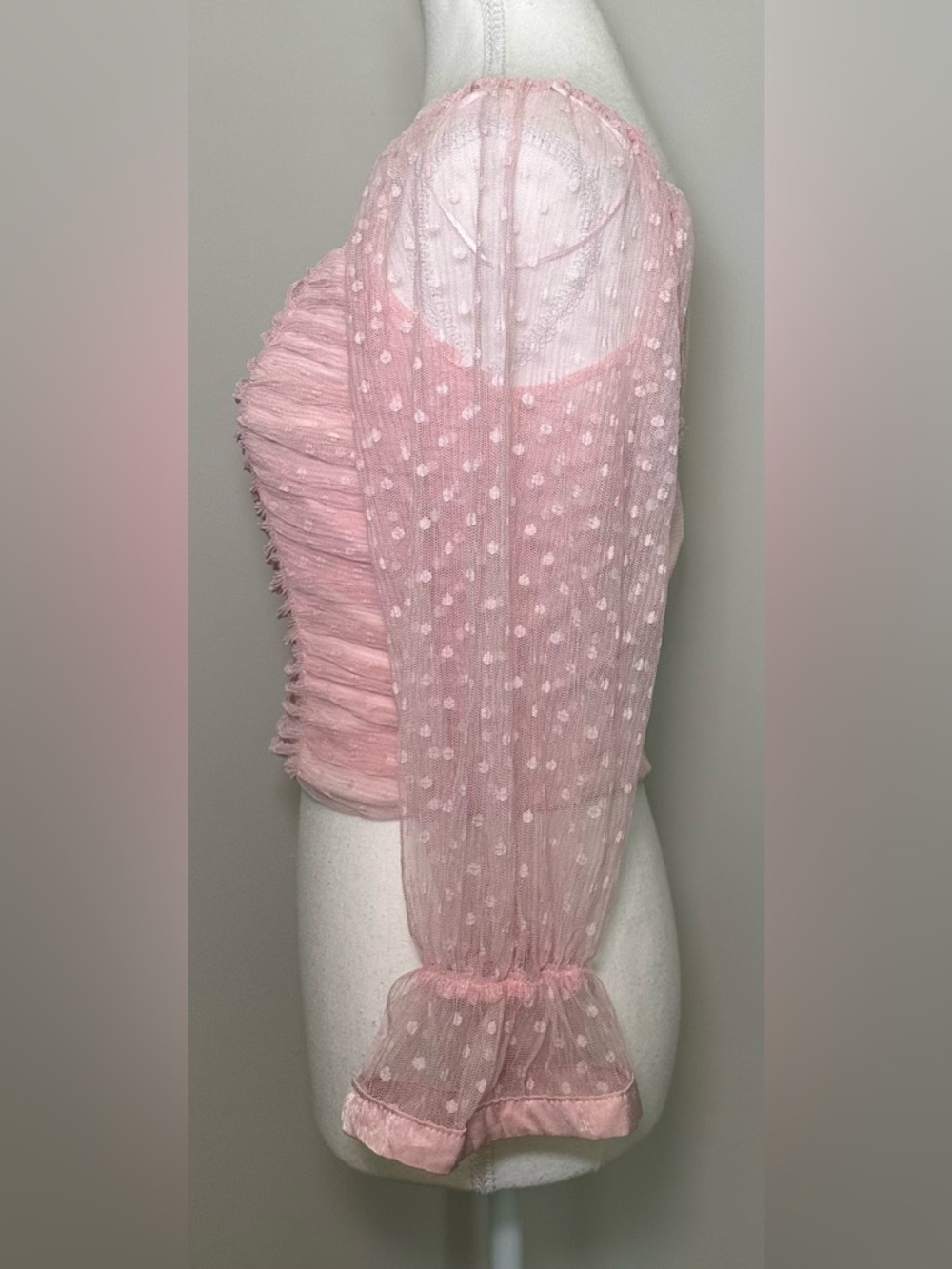 Pink Polka Dot Ruched Mesh Crop Top Sheer Sweetheart Feminine Romantic Y2K 90s S - Picture 8 of 12